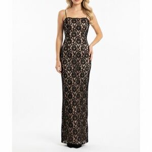 Arianna by Rachel Kaye Evening Gown Black Lace Nude Illusion Cocktail Dress 6